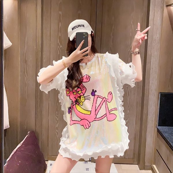 

fashionable short-sleeved t-shirt female summer 2020 loose pink panther versatile medium t-shirt long skirt and long sequins stage clothing, White
