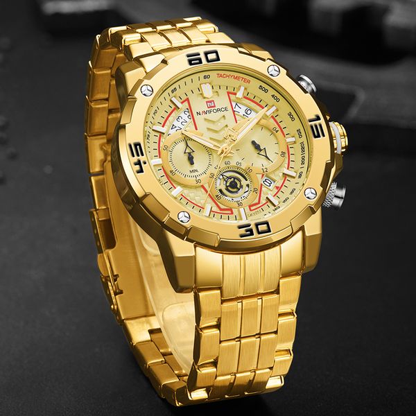 

naviforce quartz watches -clock gold waterproof mens relogio masculino sports watch full steel men business, Slivery;brown
