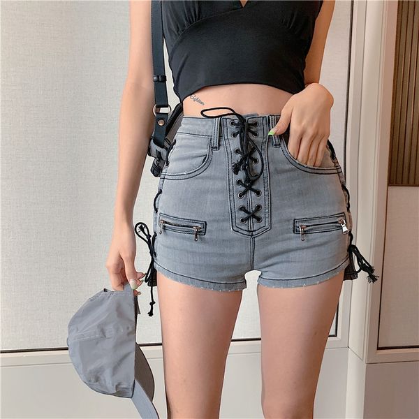 

2020 новый гонконг дизайн ины стиль чувство моды сделать старый тяжелой промышленности галстук серый ягодица мешок джинсовые шорты, Blue