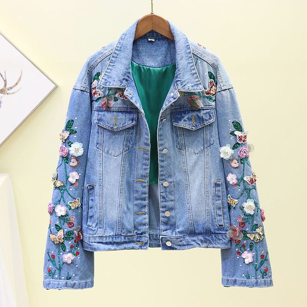 

spring autumn fashion embroidery 3d flower denim jacket women korean beading long sleeve jean coat streetwear jeans jacket femme, Black;brown
