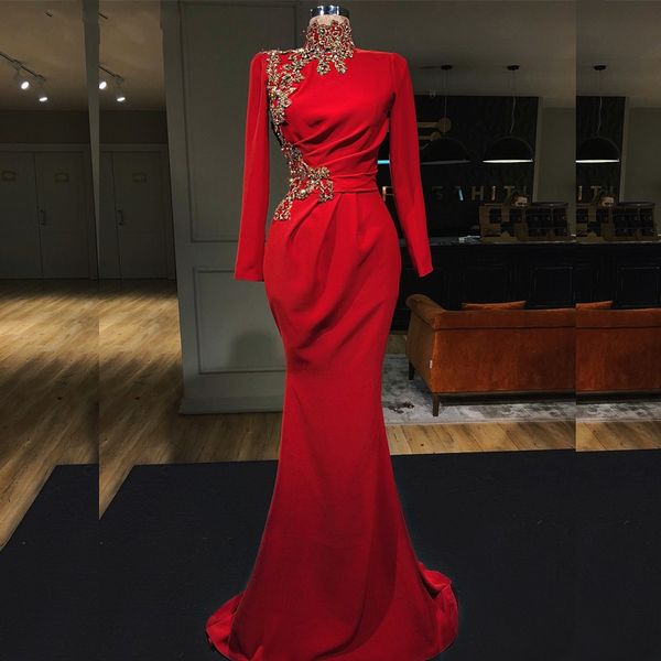

mermaid red prom long sleeves arabic evening dresses with gold lace, Black