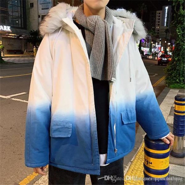 

winter men designer coats gradient color thick loose hooded long mens parkas clothes casual men outerwears, Black