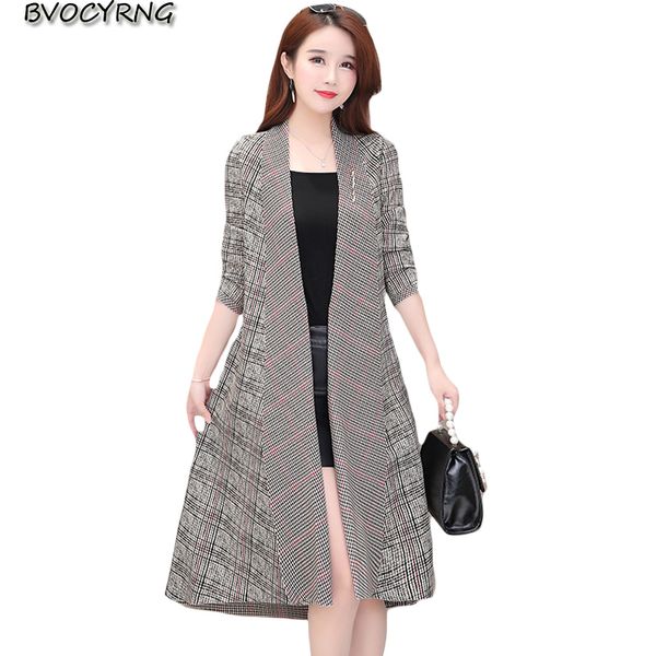 

plaid windbreaker women medium length cardigan coat spring autumn female parka 2019 new fashion high-end plus size casual wear, Tan;black