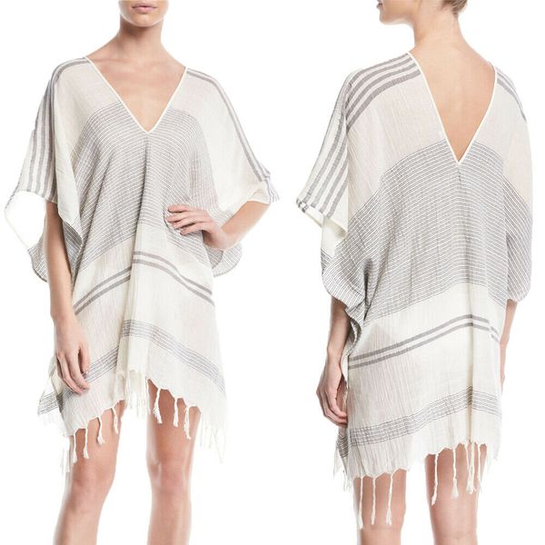 

women v-neck cover-up kaftan mini tassel dress beach bikini boho sarong swimwear, Blue;gray