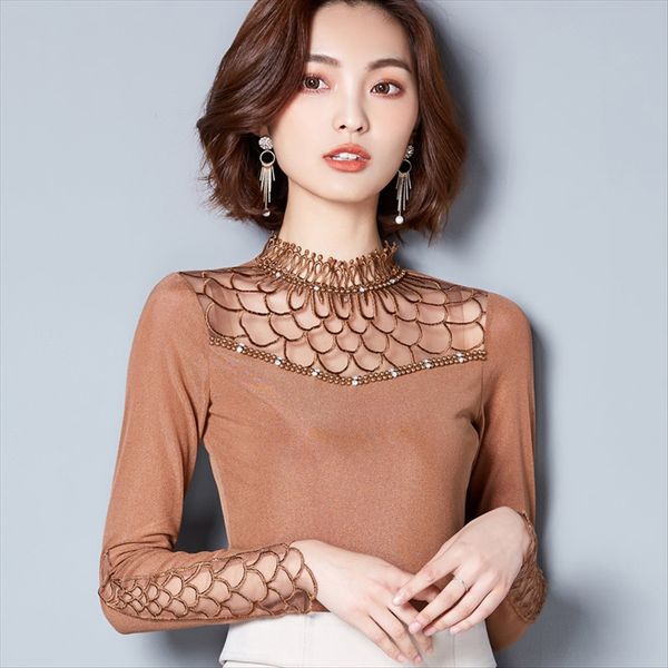 

small stand collar lace stitching mesh cloth t- mesh cloth base shirt versatile t-shirt female, White