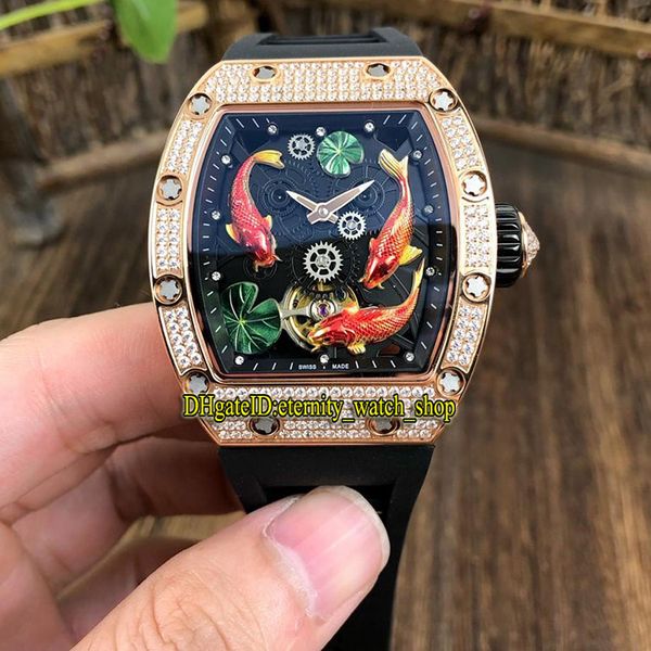 

new version rm 57-01 tourbillon 3d koi totem dial miyota automatic rm57-01 mens watch rose gold diamond case black rubber strap watches, Slivery;brown