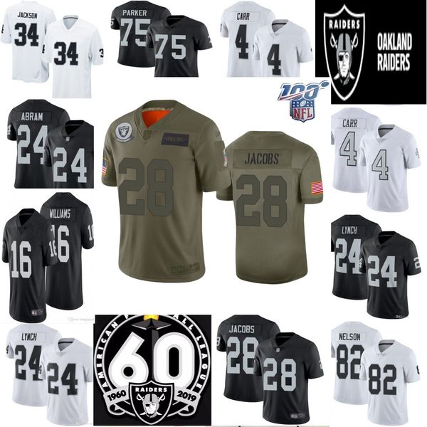 

100th patch & 60th raider 28 josh jacobs johnathan abram derek carr oakland hunter renfrow bo jackson clelin ferrell howie long williams, Black;red