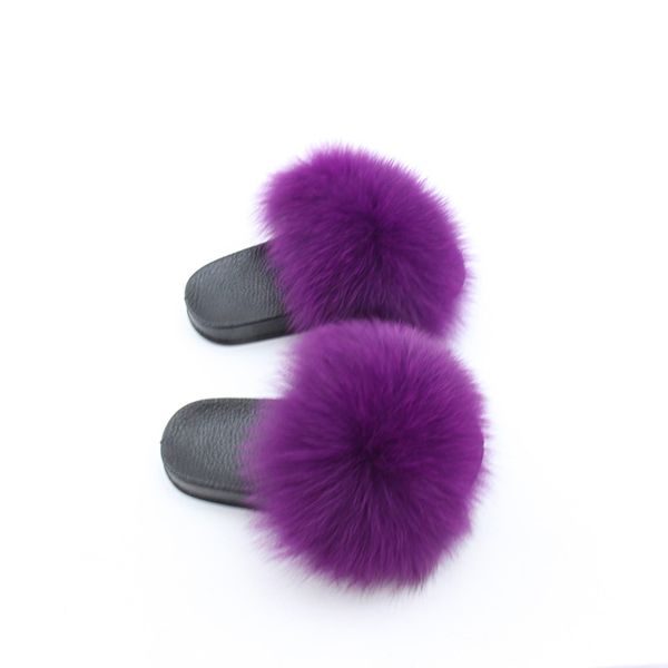 

child real fox fur slippers summer women home slippers girls fur slides fluffy furry cute non-slip flip flops plus size tx-20, Black