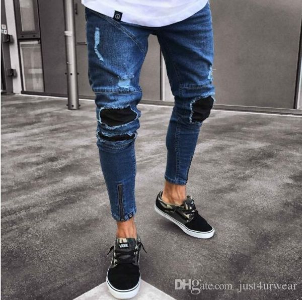 

mens high street fashion pencil pants jeans male ripped holes zipper design blue jeans distressed biker washed denim pants mens jeans