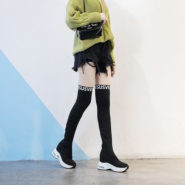 

autumn and winter 2019 new plush knee boots children's flying air cushion letter women's boots leisure elastic women's, Black