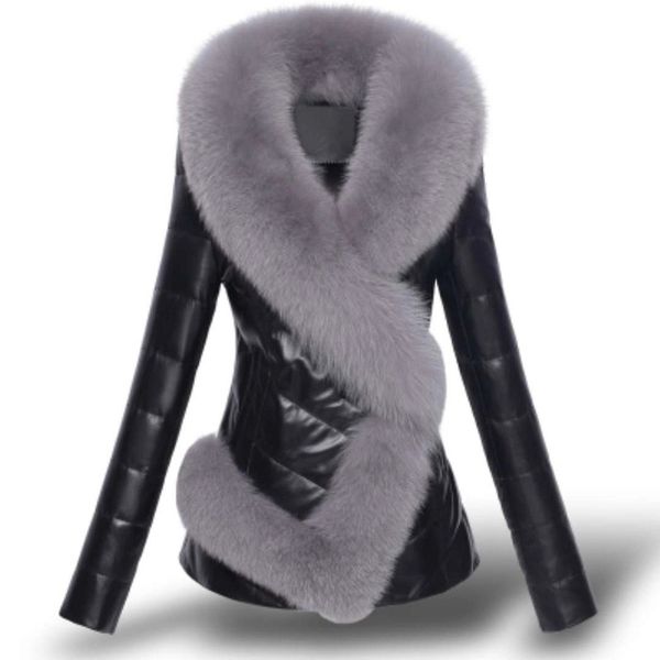 

faux leather jackets women imitation fur collar leather thick down padded women's short panelled fur winter coat, Black
