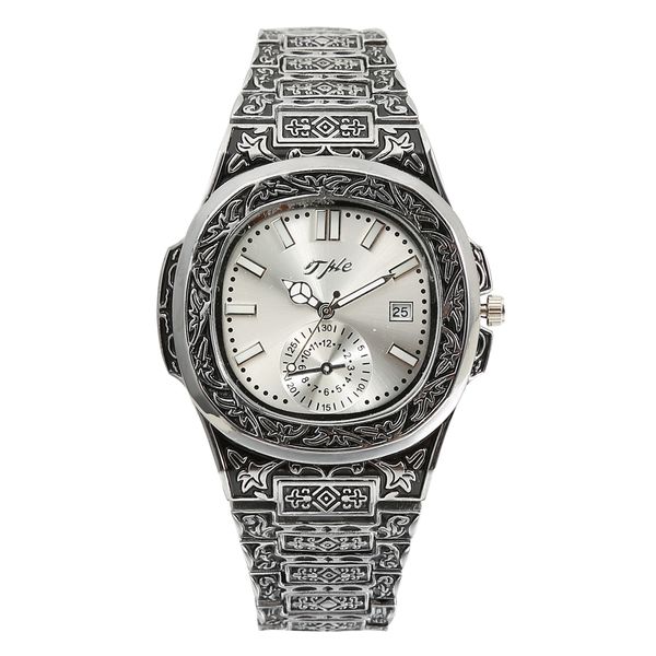 

retro square classical watch large dial calendar tide men's watch carved steel belt trendy watch men's personality carved hip-hop, Slivery;brown