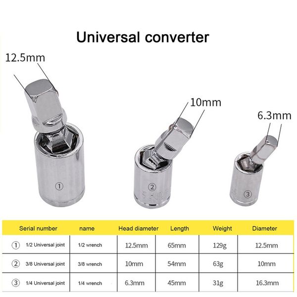 

3pcs/set 1/4" 3/8" 1/2" socket sleeve adapter connector universal joint set angle extension bar 360 degree rotary torque wren