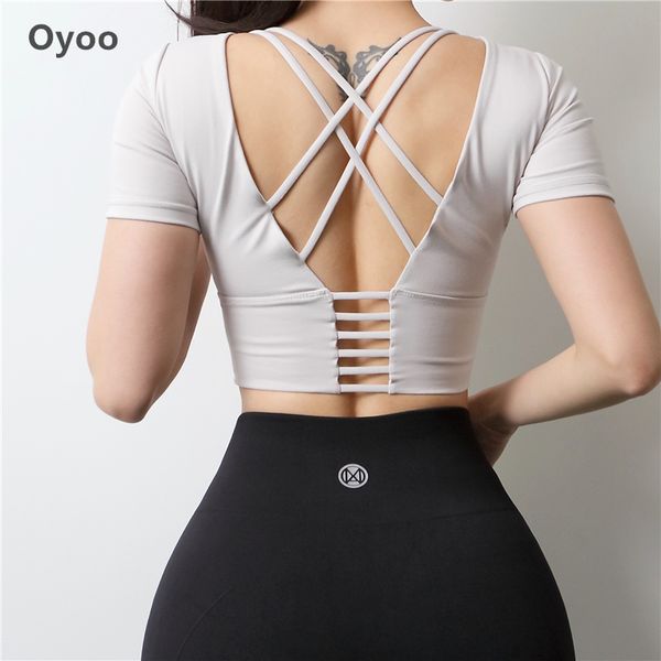 

oyoo skinny crop women fast dry short-sleeve red tee shirt femme yoga gym clothing white sport with removable pads, White;red