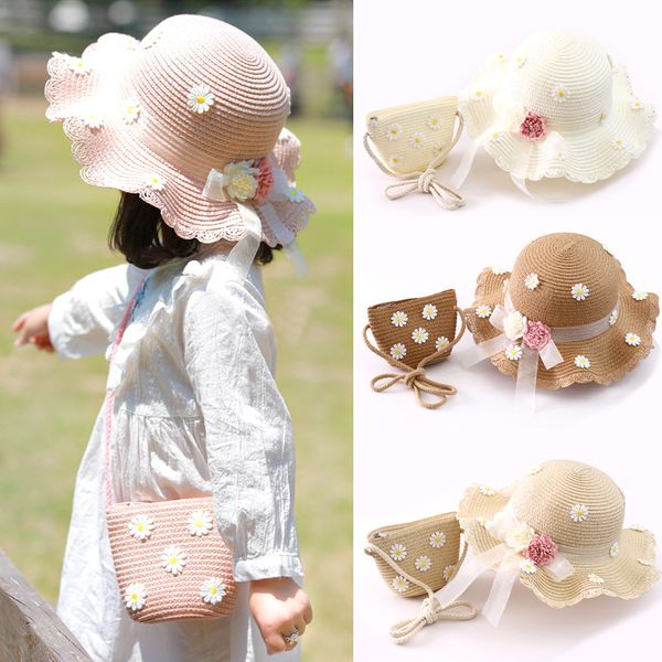 

summer children sunscreen straw hat small daisy hat bag outdoor travel sun summer big brim, Yellow