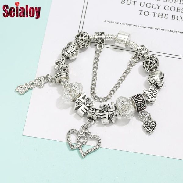 

charm bracelets seialoy silver plated heart pendant lover for women men original girl boy crystal beaded bracelet family jewelry, Golden;silver