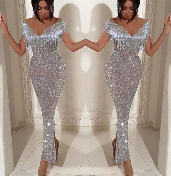 

2022 sequined silver mermaid prom dresses with deep v neck tassels ankle length back split dubai african evening dress pageant vestidos, Black