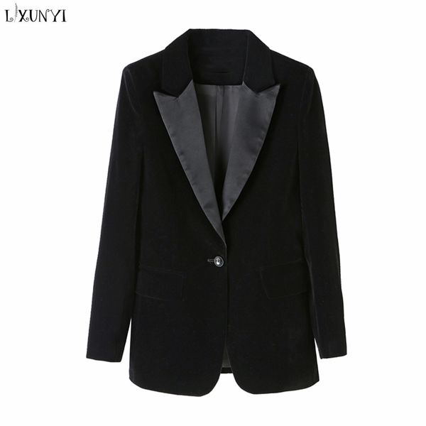 

lxunyi black velvet blazer women one button slim solid long sleeve elegant ladies designer long sleeve work blazer coats, White;black