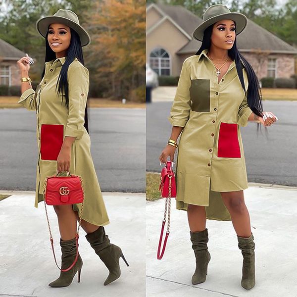 

in europe and the recreational temperament commuter pure color pocket irregular long-sleeved shirt dress in female, Black;gray