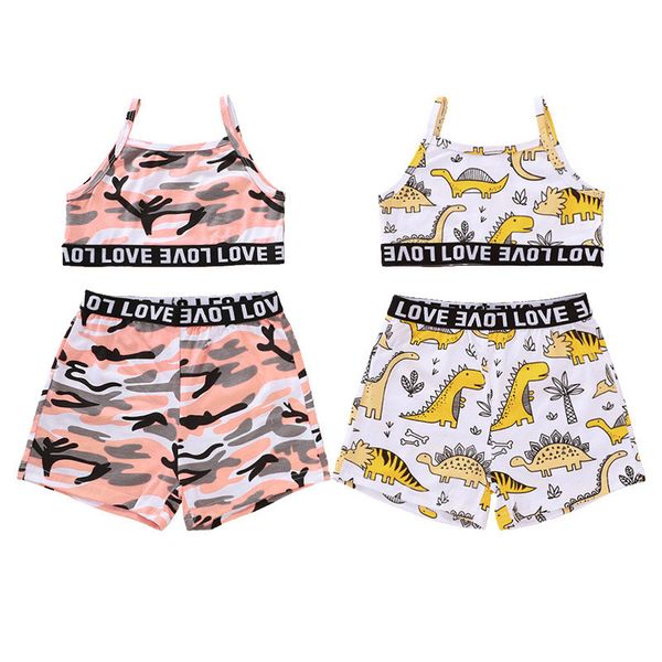 

baby girl sling clothing set summer baby girls outfits sling camouflage cotton t-shirt + shorts girls casual clothing sets, White