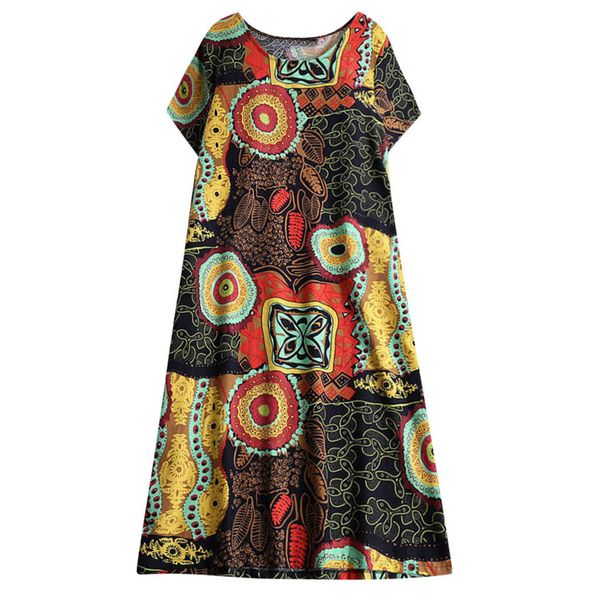 

women dress hemp cotton ethnic print short sleeved large size cute refined noble trend summer short dress, Black;gray