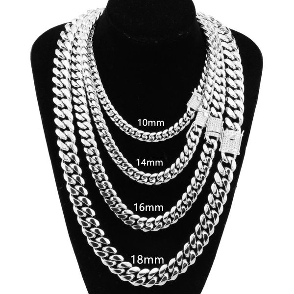 

8-18mm wide stainless steel miami cuban curb chain white rhinestone clasp mens womens silver necklace or bracelet jewelry 7-40