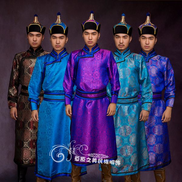 Монголия мужского халата этнической одежды шелк смесь платье народных костюмы танца фестиваль этап износ стенд воротник живого наряд