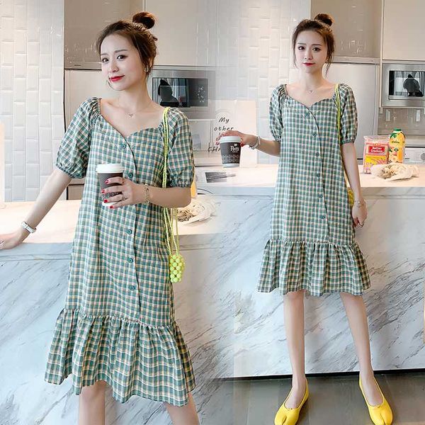 

8976# maternity dress summer plaid cotton short sleeve loose stylish dress for pregnant women mom, White