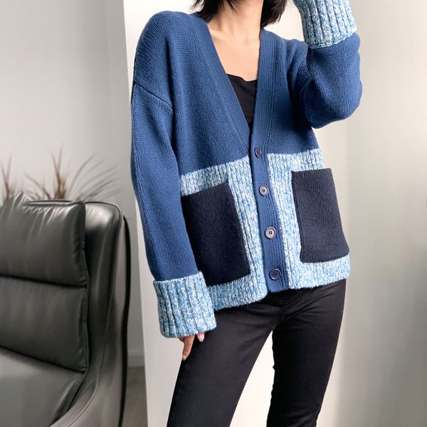 

2020 women knitted sweater coat patchwork color bouble pockets ladies single-breasted cardigan knitwear female long sleeve outw, White