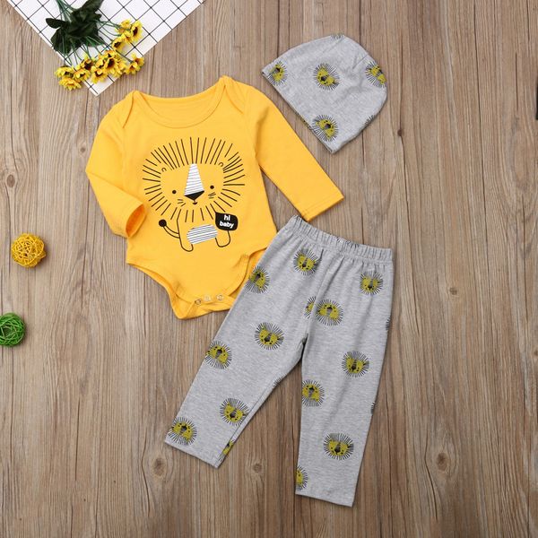 

для малышей baby boy одежда lion печать tops + длинные брюки с hat 3шт bodysuit outfit set, White