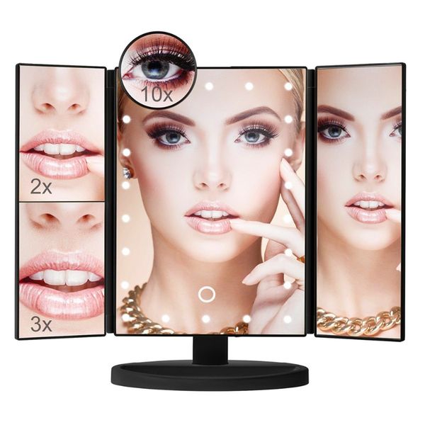 

led touch screen 22 light makeup mirror table deskmakeup 1x/2x/3x/10x magnifying mirrors vanity 3 folding adjustable mirror