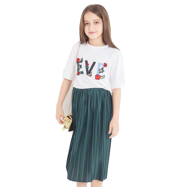 

two-piece toddler girl clothing fashion summer sets girl 10 12 years embroidery t shirt pleated skirt girls clothes t200414, White