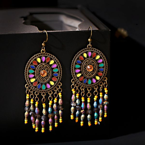 

2019 women's bohemia flower round beads tassel earrings fashion jewelry gypsy summer jhumka earrings oorbellen, Silver