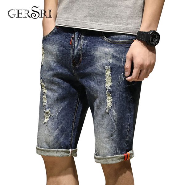 

gersri summer jean shorts for men plus size 28-42 shredded jeans big mens breeches short hole denim distressed shorts male, Blue