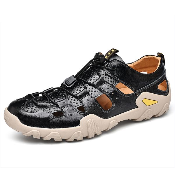 

new real leather sandals men adults closed toe breathable soft comfortable summer outdoor shoes roman beach sandals sizes 38-46, Black