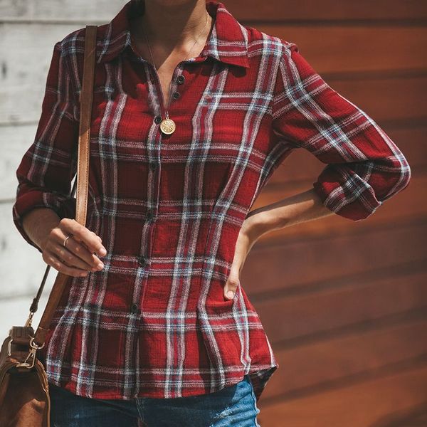 

women's plaid shirt autumn slim lattice single long sleeve breasted fashion top, White