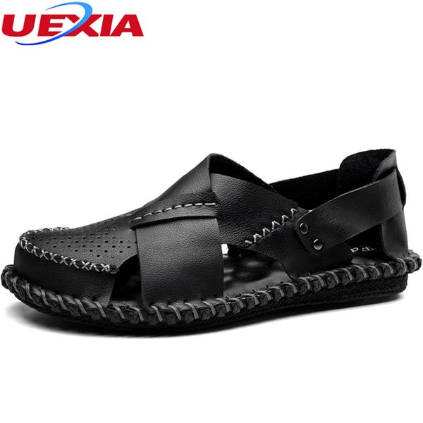 

uexia new summer handmade men's sandals leather male sandals outdoor leisure beach anti-skid footwear for man shoes, Black