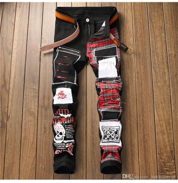 

sokotoo men's skull printed scottish plaid patchwork jeans trendy patches design black ripped distressed denim long pants, Blue