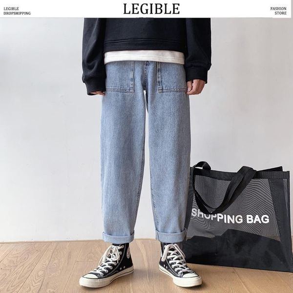 

legible 2020 straight jeans pants mens fashion solid denim pants men designer trousers casual loose men, Blue