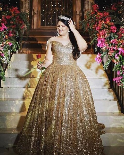 2019 Masquerade Ball Gown Quinceanera Dresses Off The Shoulder Gold Sequined Floor Length Plus Size Custom Made Prom Sweet 16 Dress Quinceanera