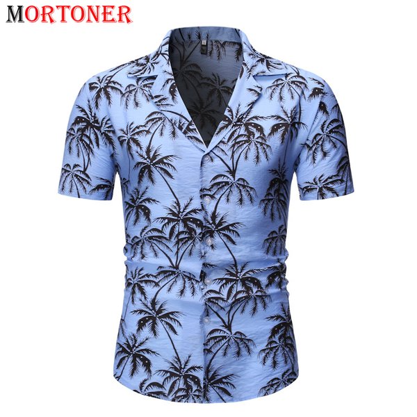 

blue palm tree print tropical hawaiian shirt men 2020 summer short sleeve beach shirt holiday vacation clothing chemise, White;black
