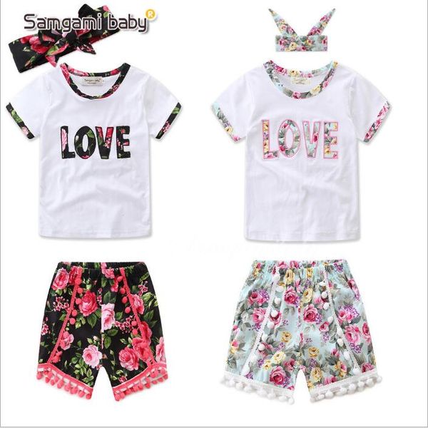 

baby clothes girls summer suits kids ins floral clothing sets fashion boutique t shirt shorts headband outfits letter print pants b4480, White
