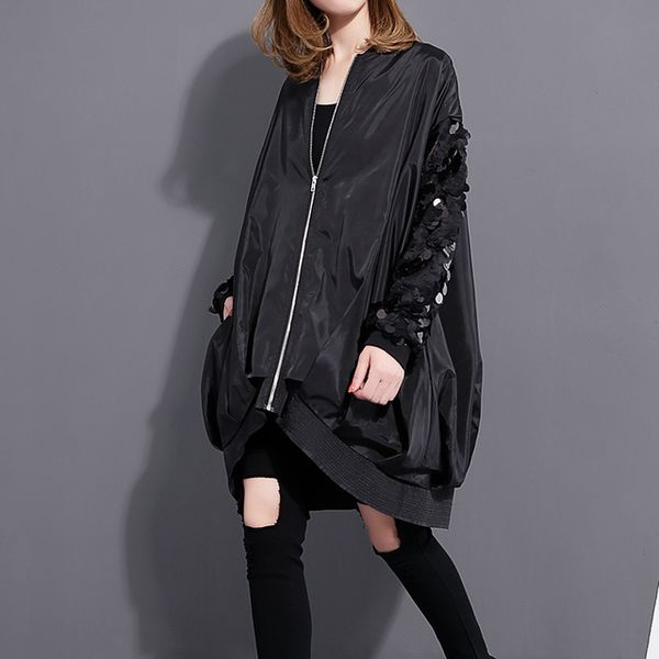 

fashion new sequined short basic collar long-sleeved coat loose denim large size zipper thin jacket women, Black;brown