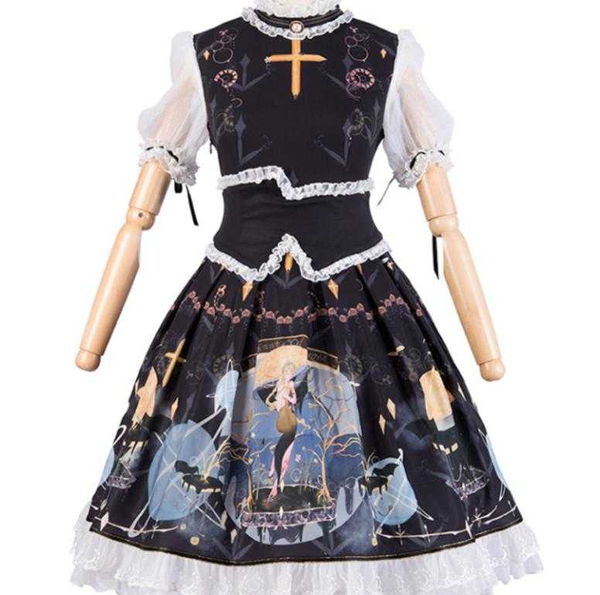 

темный стиль готический японская принцесса лолита vestidos кружева рябить колледж стиль середины талии бантом лолита op платье каваи, Blue