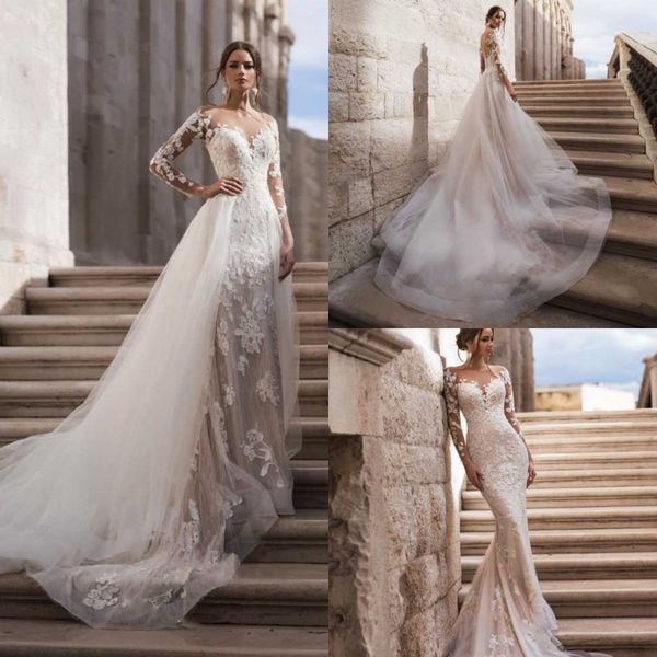 

naviblue 2020 свадебные платья съемный поезд с длинными рукавами кружева аппликации свадебные платья кнопка назад развертки поезд русалка св, White