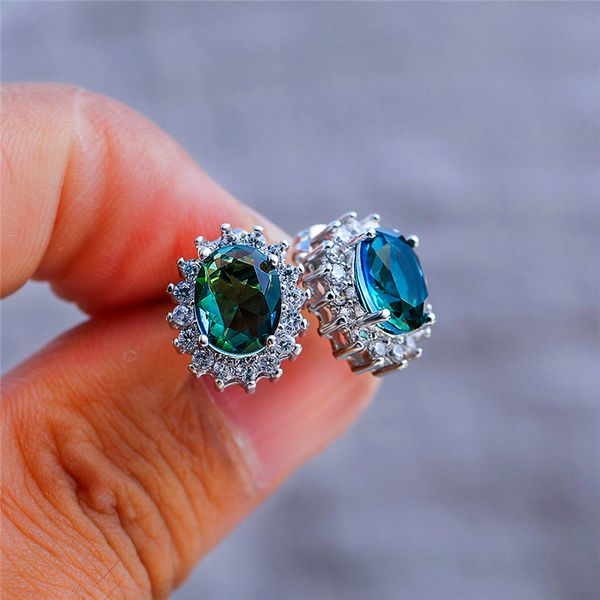 

cute female blue oval stud earrings simple crystal silver zircon stone earrings for women luxury vintage wedding, Golden;silver
