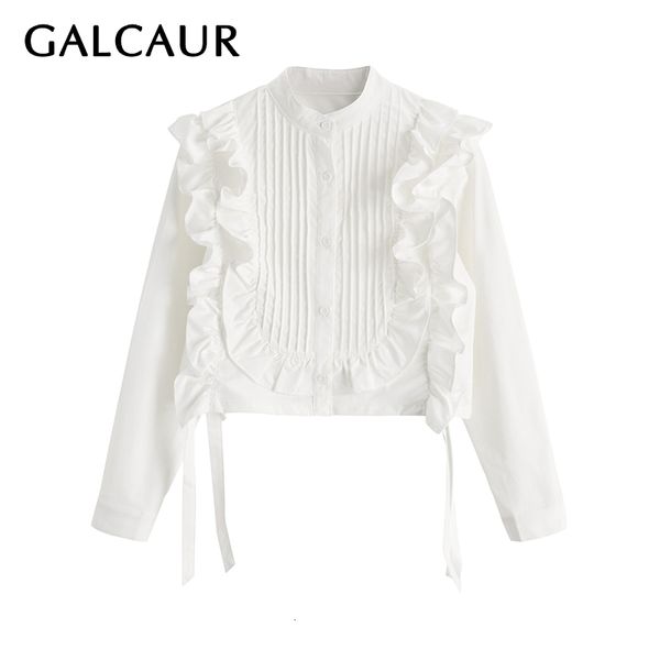 

galcaur korean elegant women shirt stand collar long sleeve large size lace up pleated short blouse female 2019 clothes new, White