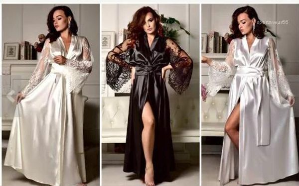 

robes casual imitation ice silk sleepwear designer v neck fashion panelled loose ladies summer lace, Black;red