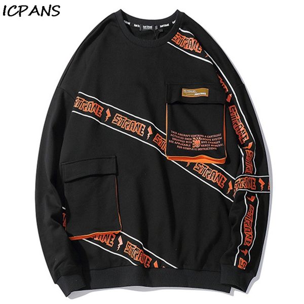 

icpans women men hip hop pullover sweatshirt front pockets streetwear hoodie cotton 2019 autumn hiphop loose pullovers, Black