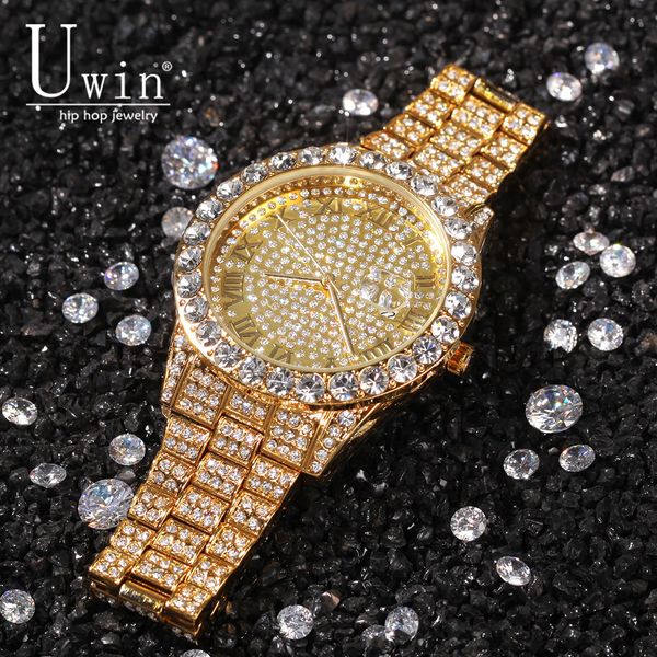 

uwin big dial full iced out men watches stainless steel fashion luxury rhinestones quartz wristwatches business watch, Slivery;brown